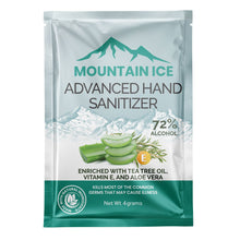Load image into Gallery viewer, Pain Relief | Mountain Ice Hand Sanitizer with 72% Alcohol, Enriched with Tea Tree Oil, Aloe Vera &amp; Vitamin E, 4 Gram Packet | Mountain Ice