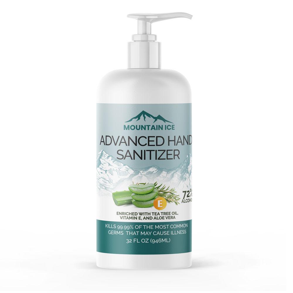 Pain Relief | Mountain Ice Hand Sanitizer with 72% Alcohol, Enriched with Tea Tree Oil, Aloe vera & Vitamin E, 32 oz | Mountain Ice
